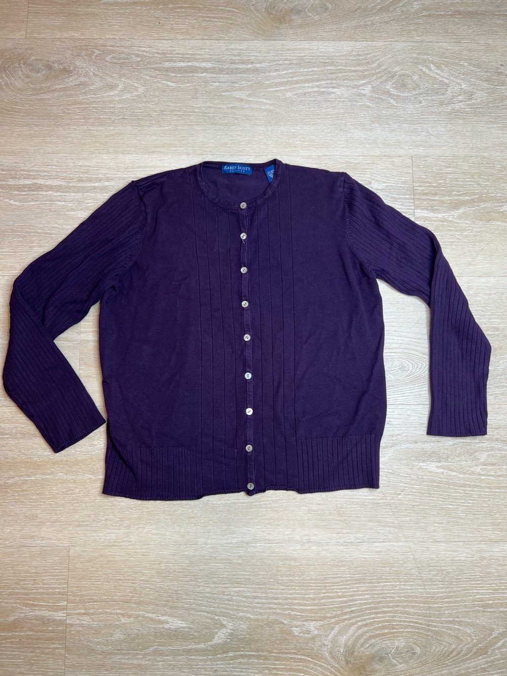 Karen Scott, Eggplant Purple Long Sleeve Cardigan, Rayon Nylon, Women’s Petite L